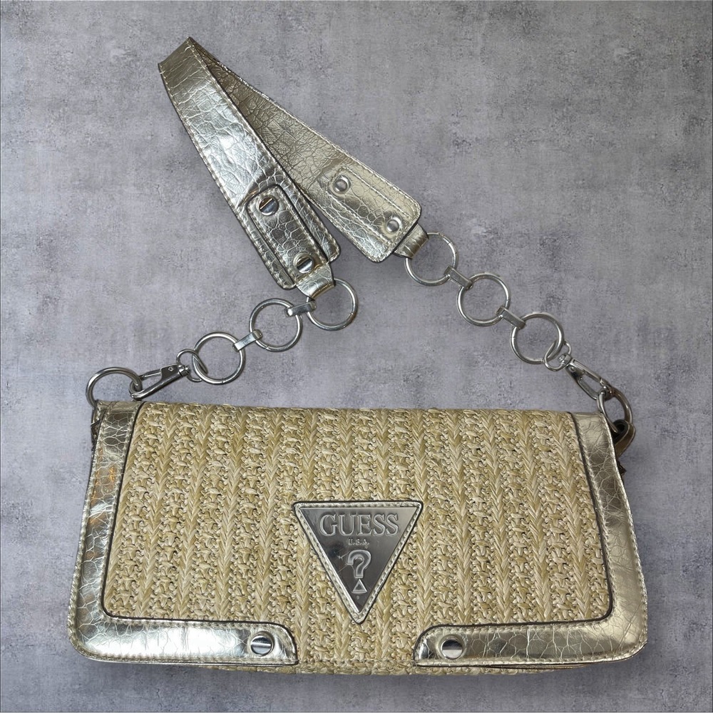 Vtg Y2K Style Guess Baguette Straw Purse Metallic Silver Snake Skin Trim 90s‎
